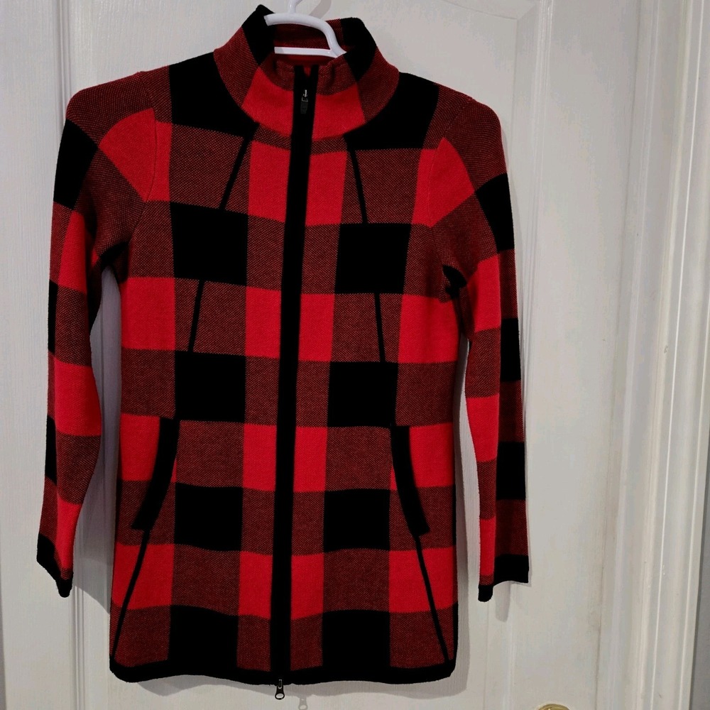 Adrienne Vittadini Red Black Plaid Zip Cardigan‎ Sweater Jacket Small Xmas Party